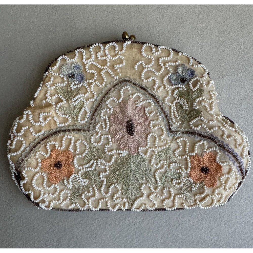 Vintage 30s French Hand-Made Beaded Silk Clutch Purse Nude Flower